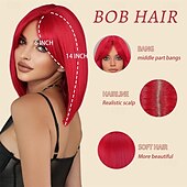 abordables Perruques de fête-Perruque courte et lisse rouge avec frange rideau, perruque synthétique résistante à la chaleur de 14 pouces pour femmes, perruque de fête de cosplay d&#039;Halloween pour un usage quotidien