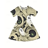 cheap 3D Cartoon Dress-Halloween Girls&#039; 3D Ghost Dress Short Sleeve Summer Spring Vacation Daily Holiday Princess Beautiful Sweet Kids 4-12 Years Casual Dress A Line Dress Knee-length Regular Fit