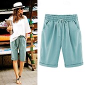 billiga Bermudashorts-loungeshorts för kvinnor i ren färg elastisk midja med dragsko enkel avslappnad komfort hem daglig semester ventilerande ficka fempunktsbyxor