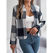 Χαμηλού Κόστους 3D Παλτά-Γυναικεία Casual Jacket Άνετο Αναπνέει Στάμπα Καθημερινό Καρό Διακοπές Δρόμος Καθημερινά Ρούχα Εξόδου Ανοικτό Μπροστά Κοντό Όρθιος Γιακάς Κανονικό Μακρυμάνικο Εξωτερικά ενδύματα