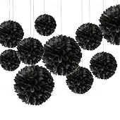 abordables Halloween-Juego de 9 bolas de flores de papel negras: decoración colgante DIY para cumpleaños y aniversarios. &amp;bodas