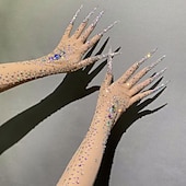 preiswerte Damenkostüme-Glitzernde Handschuhe mit Strasssteinen für Damen, lang, glitzernd, Netzstoff, durchsichtig, Ellenbogenlänge, Opernhandschuhe mit Nägeln, hautfarben, Einheitsgröße