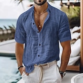 economico Vacanza-Per uomo Camicia di lino Camicia casual Camicia in cotone e lino Camicia con Bottoni Colore Solido / Tinta Unita Vacanza Abbigliamento quotidiano Bianco Verde chiaro Rosa Blu marino scuro Manica Corta