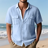 voordelige Vakantie-Voor heren Overhemd Linnen overhemd Zomer overhemd Strand Kleding Overhemd met knopen Cargoshirt Effen Kleur Vakantie Straat Zwart Wit Marineblauw blauw Korte mouw Strijkijzer Zomer Lente Kleding Zak