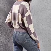baratos Padrões gráficos e detalhes-Mulheres Pulôver Casual Bloco de cor Robusto Gola Redonda Tricotado Manga Longa Tops curtos Tricotar Diário Feriado Para Noite Preto Roxo Outono Inverno