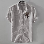 economico Casual da lavoro-Per uomo Camicia di lino Camicia casual Camicia in cotone e lino Camicia con Bottoni Con Motivo Animale Vacanza Abbigliamento quotidiano Bianco Blu marino scuro Azzurro cielo Cachi Manica Corta Bavero