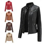 voordelige Imitatieleren jassen-Dames Jas van imitatieleer Comfortabel Zak Volledige ritssluiting Modieus Street Style Effen Buiten Casual / Dagelijks Normaal Opstaand Normale pasvorm Lange mouw bovenkleding Zwart Rood Kameel Lente