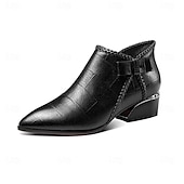 cheap Ankle Boots-Women's Beige Faux Leather Ankle Boots with Bow and Block Heel, Elegant Pointed Toe Short Boots for Office and Party Wear