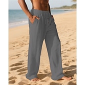 cheap Holiday-Men&#039;s Linen Pants Trousers Summer Pants Beach Pants Pocket Elastic Waist Drawstring Plain Comfort Breathable Vacation Daily Holiday Hawaiian Boho Dark Khaki Black