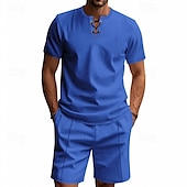 economico T-shirt set da uomo-Per uomo Camicia a nido d&#039;ape Completi T-shirt Outfit 2 pezzi Maglietta e pantaloncini Manica Corta Scollo a V Estate Semplice Moda Casual Allacciato 2 Pezzi Vacanza Abbigliamento quotidiano Uscire