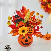 cheap Halloween Wreaths &amp; Floral Decorations-Halloween Fall Desktop Ornament with Faux Pumpkin Decoration, Maple Leaves, Pinecones and Fall Party Decor, Spooky Halloween Table Display for Harvest Festival and Autumn Home Setup