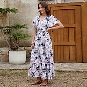 cheap Elegant Floral Dresses-Women&#039;s Maxi Dress Sundress A Line Dress Vacation Party Casual Butterfly Sleeve Party Going out Beach Tailored Fit Floral Graphic Short Sleeve V Neck color Summer