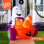 economico Halloween-Gonfiabile fantasma di Halloween da 5 piedi che spinge una carrozza di zucche con caramelle, decorazione da giardino gonfiabile con LED integrati per feste di Halloween all&#039;aperto, al chiuso, in