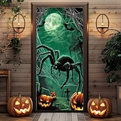 billige Halloween dørdeksler-Halloween Dørdeksel – Gigantisk grønn edderkopp i spøkelsesskog skummel inngangs banner utendørs og innendørs dekorasjon Halloween 2025 soverom stue bad