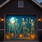 cheap Halloween Garage Door Cover-Halloween Garage Door Cover Dancing Skeletons and Pumpkins Banner, Large Tapestry Backdrop Decoration for Holiday Outdoor Garage Door and Home Wall, 2025 Halloween Decorations
