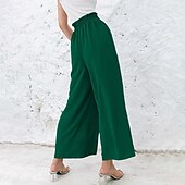 abordables jambe large et taille haute-Femmes Jambe large Slacks Streetwear Occasionnel Longueur complète Naturel Uni Avec Poches Taille Élastique Confortable Fête Week-end Rouille Vert printanier Noir Blanche Automne Coupe régulière