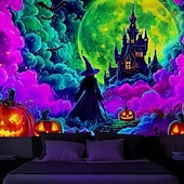 cheap Halloween Garage Door Cover-Halloween Blacklight Tapestry Witch Castle UV Reactive Glow in the Dark Forest Trippy Mountain Misty Graveyard Ghost Hanging Tapestry Wall Art Mural for Living Room Bedroom