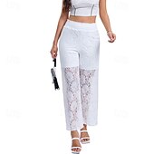 abordables jambe large et taille haute-Femmes Jambe large Slacks Streetwear Occasionnel Longueur complète Naturel Uni Dentelle Patchwork Taille Élastique Confortable Fête Sortir Vert translucide Noir Blanche Bleu de minuit Automne Coupe