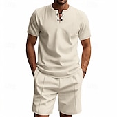 economico T-shirt set da uomo-Per uomo Camicia a nido d&#039;ape Completi T-shirt Outfit 2 pezzi Maglietta e pantaloncini Manica Corta Scollo a V Estate Semplice Moda Casual Allacciato 2 Pezzi Vacanza Abbigliamento quotidiano Uscire
