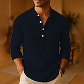 preiswerte Baumwoll-Leinenhemd-Herren Hemd Leinenhemd Popover-Hemd Freizeithemd Baumwollhemd Einfach Urlaub Hawaiianisch Schwarz Weiß Rosa Khaki Langarm Stehkragen Frühling Herbst Bekleidung