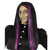 levne Halloweenské paruky-Paruka s fialovými prameny čarodějnice – strašidelné čarodějnické vlasy na Halloween, cosplay, párty, hraní rolí a doplňky ke kostýmům