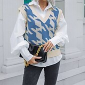 halpa Neuleliivi-Naisten Neulepusero Pusero Vapaa-aika Yhtenäinen väri Houndstooth-kuvio Paksu V kaula-aukko Kudottu Hihaton Tavalliset topit Neuloa Päivittäin Pyhäpäivä Bile Musta Sininen Syksy Talvi