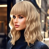 abordables Perruques de fête-Perruques roses courtes ondulées, perruque pastel avec frange, cheveux synthétiques mi-longs pour femmes et filles, perruque de cosplay colorée en fibre synthétique résistante à la chaleur pour une