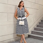 cheap Dresses-Retro Vintage 1950s Rockabilly Midi A Line Dress Flare Dress Plus Size With Belt Polka dots A-Line Women&#039;s Vacation Homecoming Party &amp; Evening Adults Dress Belt Spring &amp; Summer