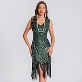 voordelige Jaren 1920 Jurken-Retro vintage Roaring jaren &#039;20 Jaren 1920 Boven de knie Tot de knie Flapper jurk Cocktailjurk Mouwloos The Great Gatsby Flapper Girl Pailletten Zoom V-hals Kostuum Dames Kerstmis Carnaval Bruiloft