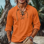preiswerte Urlaub-Herren Hemd Leinenhemd Wikinger-Stil Popover-Hemd Sommerhemd Strandbekleidung Einfarbig Urlaub Straße Weiß Blau Orange Grün Langarm Kragenlos Bekleidung Kordelzug