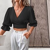 olcso Női Egyszerű Felsők-Női Nyári felsők Wrap Crop Top Sima Napi Stílusos Alap Hosszú ujj Lámpás hüvely V-alakú Crop Tops Munka Napi Szabadság Tunika Fekete Sárgabarack Tavasz Ősz