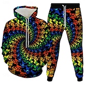billige Herre 3D Sweatshirt Sett-Herre 3D Geometrisk 2stk 3D-genseresett Joggedress Hettegenser Langermet Lange bukser Med hette Fritid hverdag treningsklær 3D-utskrift Vår Høst Vinter Rødstrupe-egg Blå Rosa Regnbue