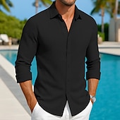 economico camicia da uomo con bottoni-Per uomo Camicia Camicia a nido d&#039;ape Camicia Estiva Camicia casual Camicia con Bottoni Camicie sbottonate Nero Bianco Kaki Azzurro Manica Lunga Semplice Testurizzato Colletto Bavero Vacanza Casuale