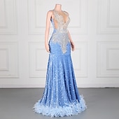 abordables Robes de Soirée Sirène-Robe de soirée sirène  trompette élégante robe formelle bal traîne balayage  brosse sans manches col rond sequin dos nu avec applications en sequins