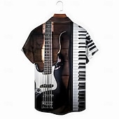 cheap Music and Guitars-Men&#039;s Guitar Piano Musical Instrument Shirt Summer Shirt Button Up Shirt Short Sleeve Vintage Retro Outdoor Vacation Dailywear Summer Spring Turndown 3D Print Collared Shirts Front One Pocket Black