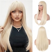 abordables Perruques Synthétiques Sans Bonnet-Perruque brune avec frange pour femmes, perruque synthétique longue et droite, résistante à la chaleur, pour filles, usage quotidien, fête, Halloween, cosplay, 24 pouces