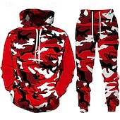 voordelige heren trainingspak en hoodie-Voor heren Trainingspak Kledingset Truien instellen Capuchon Buiten Dagelijks Sport Zak Trekkoord camouflage Blozend Roze Rood Marineblauw Grafische afdruk Polyester Sportkleding Modieus Streetwear