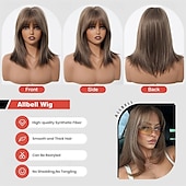 billige Syntetiske trendy parykker-Kort brun parykk med gardinlugg lysebrun bob-parykk 16 tommers middels lang parykk rett bob-parykk for kvinner blonde striper syntetisk parykk varmebestandig fiberhår