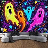 preiswerte Halloween Garagentorabdeckung-Halloween Schwarzlicht Wandteppich süßer Geist UV reaktiv Leuchten im Dunkeln Wald verzerrter Berg nebliger Friedhof Geist hängender Wandteppich Wandkunst Wandmalerei für Wohnzimmer Schlafzimmer
