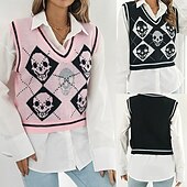 preiswerte Pulloverweste-Damen Pullunder Pullover Lässig Skelett Grobstrick V Ausschnitt Gestrickt Ärmellos Normale Oberteile Stricken Halloween Täglich Ferien Schwarz Rosa Herbst Winter