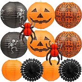 cheap Halloween-12Pcs Halloween Hanging Decorations Paper Lanterns Jack-O&#039;-Lantern Spider Skeleton Pumpkin for Indoor &amp; Outdoor Spooky Home Decor Party Supplies Props 12 &amp; 8 (Orange Black)