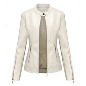 cheap Faux Leather Jackets-Women&#039;s Faux Leather Jacket Comfortable Pocket Full Zip Fashion Street Style Plain Outdoor Casual Daily Regular Stand Collar Regular Fit Long Sleeve Outerwear Red Green Beige Fall Winter
