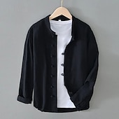 economico Classico-Per uomo Camicia Camicia di lino Stile vichingo Camicia con colletto alla coreana Camicia Estiva Abbigliamento da spiaggia Tinta unica Vacanza Streetwear Nero Bianco Blu marino Grigio Manica Lunga
