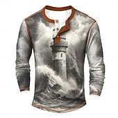 billige Vintage og retro-Herre Grafisk Årgang Henly-skjorte T-skjorter Langermet Årgang Mote Designer utendørs Avslappet Daglig Vår &amp; Vinter Alle årstider Mørkebrun Navyblå Grønn Lysegrå Henley Henley T-skjorte