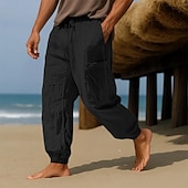 cheap Holiday-Men&#039;s Linen Pants Trousers Summer Pants Baggy Pants Elastic Cuff Solid Color Plain Comfort Breathable Full Length Casual Daily Holiday Vacation Fashion Black White Micro-elastic