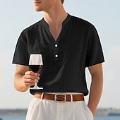 economico Vacanza-Per uomo Camicia Camicia di lino Camicia popover Camicia casual Camicia di cotone Semplice Vacanza Streetwear Nero Bianco Cachi Azzurro Manica Corta Colletto alla coreana Estate Abbigliamento