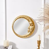 abordables esculturas de pared-Espejo de pared con cara de luna de resina dorada, espejo colgante artístico redondo para decoración de pared de fondo del hogar, espejo de maquillaje creativo para tocador, decoración de pared y