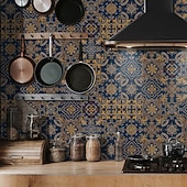 お買い得  ウォールステッカー-24枚のモロッコ風タイルステッカー、厚手のクリスタルフィルムPVC壁用デカール、防水 &amp;耐油性、取り外し可能なレトロなタイル壁装飾、バスルーム、キッチン、ヴィンテージホーム