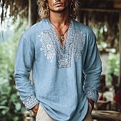 cheap Vacation-Men&#039;s Popover Shirt Summer Shirt Beach Wear Vintage Shirt Ethnic Shirt Floral Vacation Holiday Yellow Blue Orange Brown Long Sleeve V Neck Summer Spring Clothing Apparel