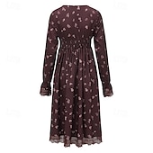 preiswerte Ausgefallene Kleider-Damen Midikleid Blumenkleid Boho-Kleid Westernkleid Mode Modern Urlaub Ferien Ausgehen Normale Passform Blume Langarm V Ausschnitt Braun Sommer